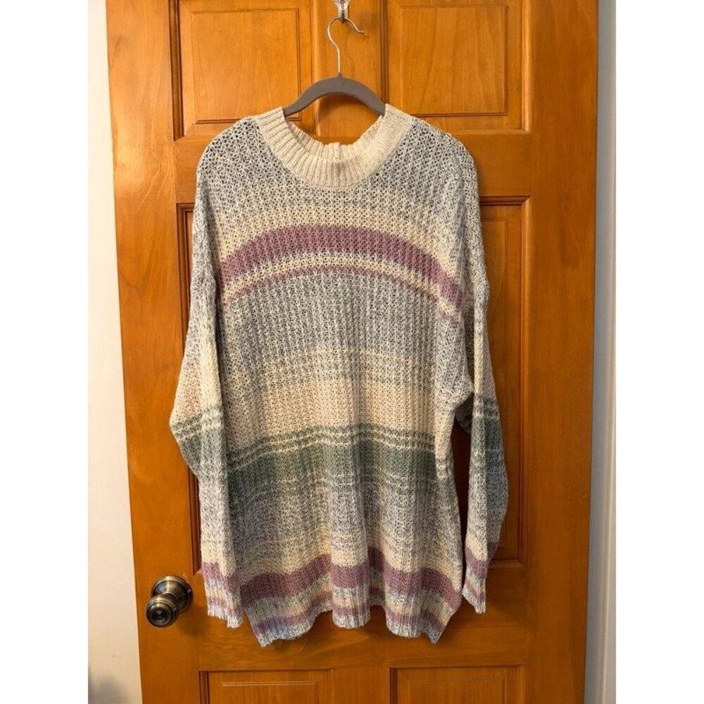Cozy Striped American Eagle Sweater in Cream, Green & Mauve